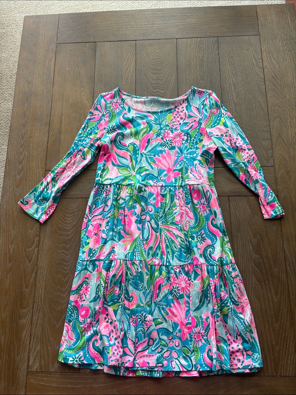 Floral Tiered Long Sleeve Dress - Pink & Teal